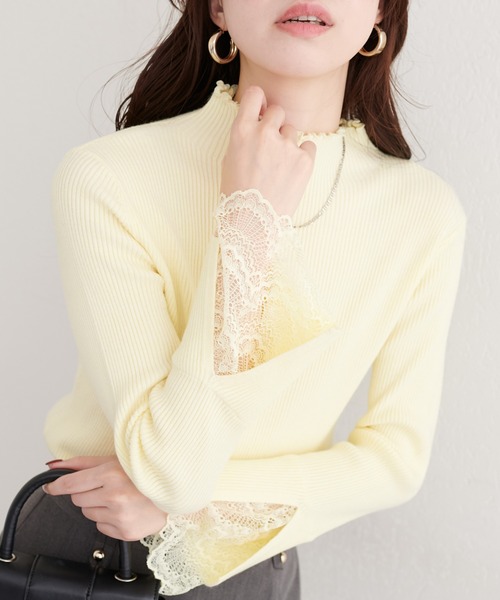 natural couture（ナチュラルクチュール）の「袖口レースもちもちリブタートル（ニット/セーター・レディース・スミクロ/ライトグレー/ボルドー/サックスブルー/ピンク/ラベンダー/ミント/イエロー/オフホワイト・FREE）」の7枚目の写真