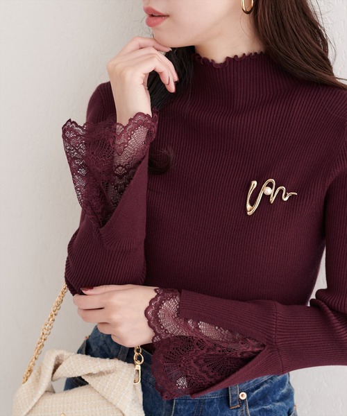 natural couture（ナチュラルクチュール）の「袖口レースもちもちリブタートル（ニット/セーター・レディース・スミクロ/ライトグレー/ボルドー/サックスブルー/ピンク/ラベンダー/ミント/イエロー/オフホワイト・FREE）」の9枚目の写真