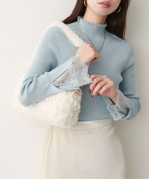 natural couture（ナチュラルクチュール）の「袖口レースもちもちリブタートル（ニット/セーター・レディース・スミクロ/ライトグレー/ボルドー/サックスブルー/ピンク/ラベンダー/ミント/イエロー/オフホワイト・FREE）」の18枚目の写真