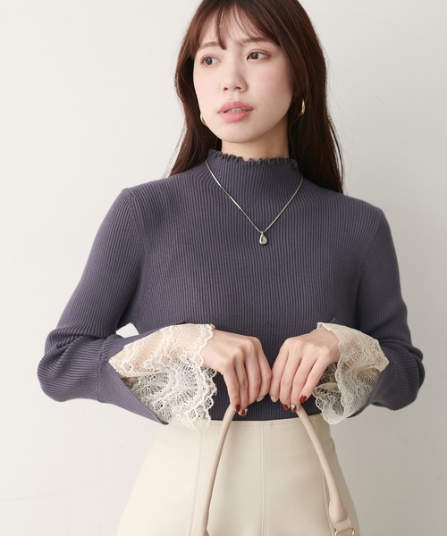 natural couture（ナチュラルクチュール）の「袖口レースもちもちリブタートル（ニット/セーター・レディース・スミクロ/ライトグレー/ボルドー/サックスブルー/ピンク/ラベンダー/ミント/イエロー/オフホワイト・FREE）」の10枚目の写真