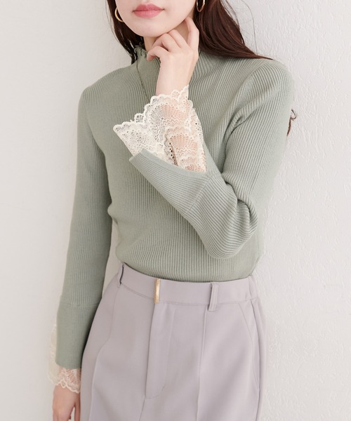 natural couture（ナチュラルクチュール）の「袖口レースもちもちリブタートル（ニット/セーター・レディース・スミクロ/ライトグレー/ボルドー/サックスブルー/ピンク/ラベンダー/ミント/イエロー/オフホワイト・FREE）」の22枚目の写真