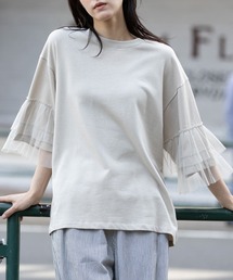 裏毛×チュールラッフルスリーブトップス