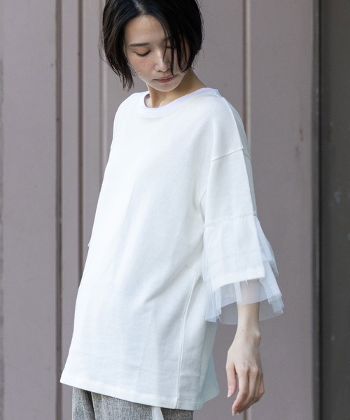 Munich（ミューニック）の「裏毛×チュールラッフルスリーブトップス（Tシャツ/カットソー・レディース・ホワイト/グレイッシュベージュ/ブラック・FREE）」の10枚目の写真