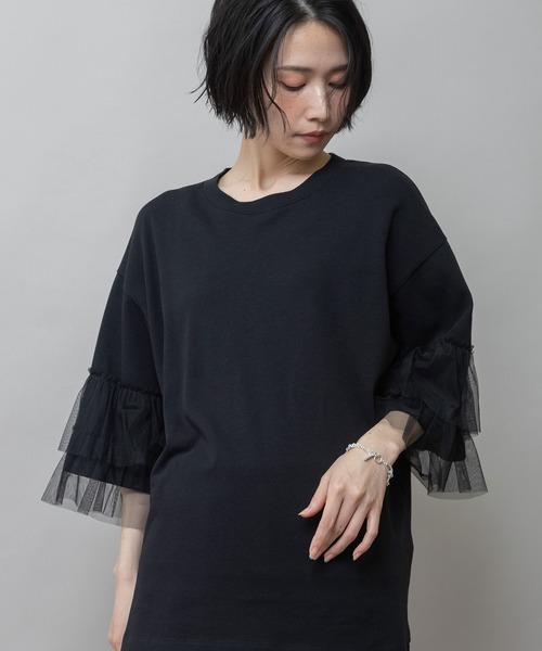 Munich（ミューニック）の「裏毛×チュールラッフルスリーブトップス（Tシャツ/カットソー・レディース・ホワイト/グレイッシュベージュ/ブラック・FREE）」の16枚目の写真