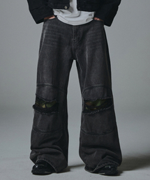 NOT4NERD(�m�b�g�t�H�[�i�[�h)��Camo Double Knee Flare Fit Denim Pants - Black(�f�j���p���c)