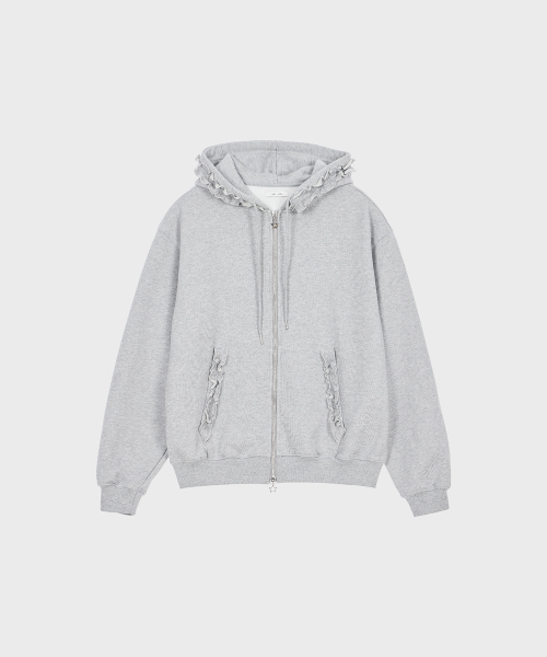 ALKI ALKA(アルキアルカ)の「Frill Hoodie Zip-up (Gray)(パーカー・レディース・ライトグレー・FREE)」の4枚目の写真