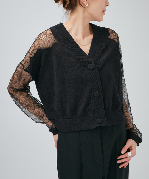 VERMEIL par iena(ヴェルメイユパーイエナ)の「Cotton Boucle レースカーディガン(カーディガン/ボレロ・レディース・ブラック/ベージュ・FREE)」の1枚目の写真