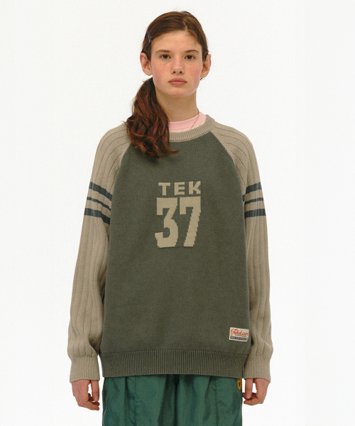 Numbering Knit Sweater Khaki