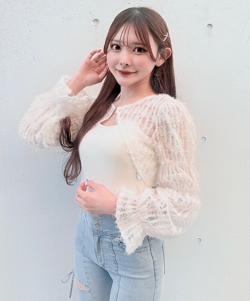 NOMAE(ノーマエ)の「フェザーボレロアンサンブルトップス(Tシャツ/カットソー・レディース・アイボリー/ブラック/ホワイト/ピンク・FREE)」の2枚目の写真
