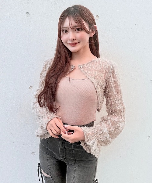NOMAE(ノーマエ)の「フェザーボレロアンサンブルトップス(Tシャツ/カットソー・レディース・アイボリー/ブラック/ホワイト/ピンク・FREE)」の6枚目の写真