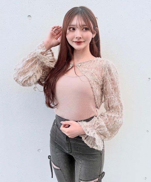 NOMAE(ノーマエ)の「フェザーボレロアンサンブルトップス(Tシャツ/カットソー・レディース・アイボリー/ブラック/ホワイト/ピンク・FREE)」の8枚目の写真