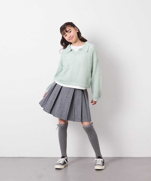 a.v.v（アーヴェヴェ）の「[120-160]ビジューデニムプリーツスカート（スカート・キッズ・ダークインディゴブルー・150/140）」の9枚目の写真