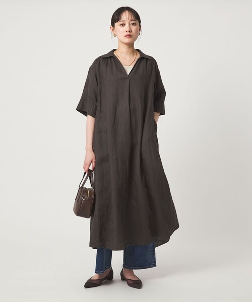 green label relaxing（グリーンレーベルリラクシング）の「［size SHORTあり］リネン シャツ ワンピース（シャツワンピース・レディース・ブラウン/ライトブルー/ダークグレー・SHORT/FREE）」の2枚目の写真