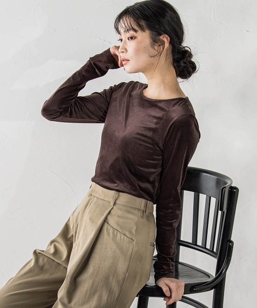 Droite lautreamont(ドロワットロートレアモン)の「シアーベロアカットソー≪手洗い可能≫(Tシャツ/カットソー・レディース・オフホワイト/ブラウン/ピンク・M)」の1枚目の写真