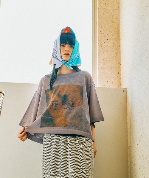 ニコ MODE NORM CORE] シアーグラフィックニットプルオーバー（Tシャツ