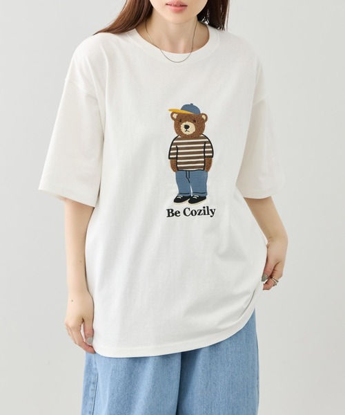 Mac-House(マックハウス)の「クマモチーフ サガラ刺繍&アップリケ クルーネック 半袖Tシャツ(Tシャツ/カットソー・メンズ・ホワイト/ブラック・M/L)」の1枚目の写真
