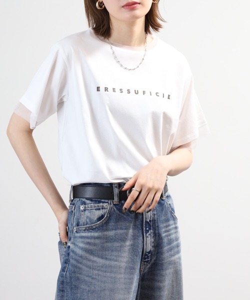A.N.L（エーエヌエル　レーベル）の「A.N.L チュール使いシンプルロゴ半袖Tシャツ（Tシャツ/カットソー・レディース・グレイッシュベージュ/オフホワイト・38）」の3枚目の写真