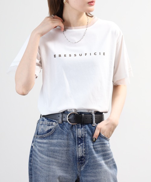A.N.L（エーエヌエル　レーベル）の「A.N.L チュール使いシンプルロゴ半袖Tシャツ（Tシャツ/カットソー・レディース・グレイッシュベージュ/オフホワイト・38）」の4枚目の写真