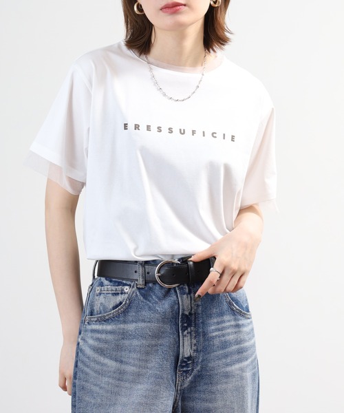 A.N.L（エーエヌエル　レーベル）の「A.N.L チュール使いシンプルロゴ半袖Tシャツ（Tシャツ/カットソー・レディース・グレイッシュベージュ/オフホワイト・38）」の5枚目の写真