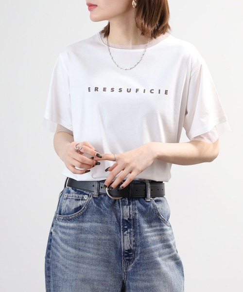 A.N.L（エーエヌエル　レーベル）の「A.N.L チュール使いシンプルロゴ半袖Tシャツ（Tシャツ/カットソー・レディース・グレイッシュベージュ/オフホワイト・38）」の6枚目の写真