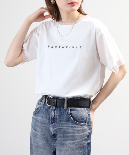 A.N.L（エーエヌエル　レーベル）の「A.N.L チュール使いシンプルロゴ半袖Tシャツ（Tシャツ/カットソー・レディース・グレイッシュベージュ/オフホワイト・38）」の7枚目の写真