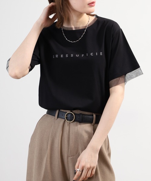 A.N.L（エーエヌエル　レーベル）の「A.N.L チュール使いシンプルロゴ半袖Tシャツ（Tシャツ/カットソー・レディース・グレイッシュベージュ/オフホワイト・38）」の12枚目の写真