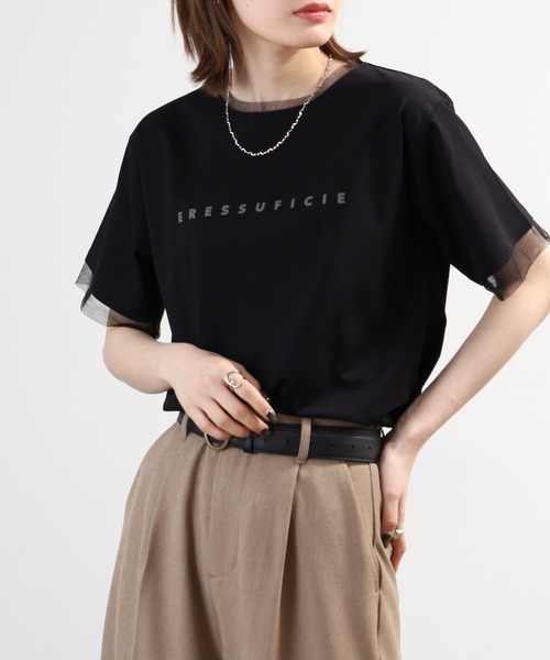 A.N.L（エーエヌエル　レーベル）の「A.N.L チュール使いシンプルロゴ半袖Tシャツ（Tシャツ/カットソー・レディース・グレイッシュベージュ/オフホワイト・38）」の14枚目の写真