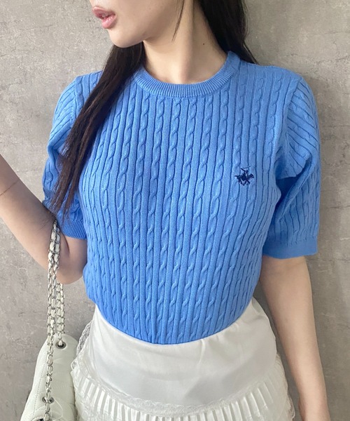 Mejoul（メジュール）の「【26年春夏新作】【BEVERLY HILLS POLO CLUB】ワンポイント刺繍 半袖ケーブル編みサマーニット（ニット/セーター・レディース・イエロー/アイボリー/ブルー・F）」の9枚目の写真