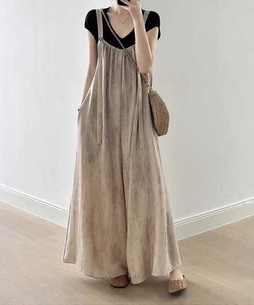 さぼ様♡【美品】ADAM ET ROPE'☆＜逸品シリーズ＞バンブーリネンサロペ セール】リネン風ワイドサロペットパンツ（つなぎ/オールインワン