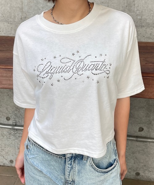 ROGER AND RAW(ロジャーアンドロウ)の「ラインストーンロゴ クロップドTシャツ(Tシャツ/カットソー・レディース・ホワイト/チャコールグレー/霜降りグレー・FREE)」の3枚目の写真