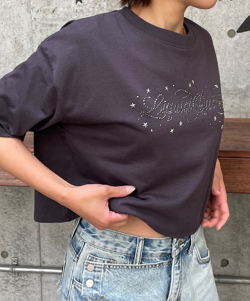 ROGER AND RAW(ロジャーアンドロウ)の「ラインストーンロゴ クロップドTシャツ(Tシャツ/カットソー・レディース・ホワイト/チャコールグレー/霜降りグレー・FREE)」の14枚目の写真