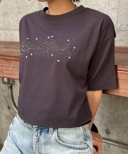 ROGER AND RAW(ロジャーアンドロウ)の「ラインストーンロゴ クロップドTシャツ(Tシャツ/カットソー・レディース・ホワイト/チャコールグレー/霜降りグレー・FREE)」の12枚目の写真