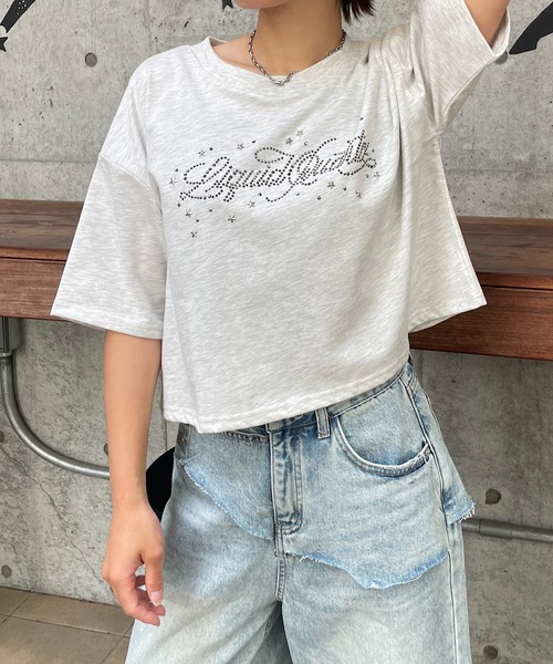 ROGER AND RAW(ロジャーアンドロウ)の「ラインストーンロゴ クロップドTシャツ(Tシャツ/カットソー・レディース・ホワイト/チャコールグレー/霜降りグレー・FREE)」の11枚目の写真