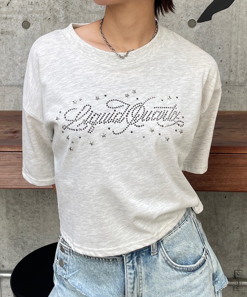 ROGER AND RAW(ロジャーアンドロウ)の「ラインストーンロゴ クロップドTシャツ(Tシャツ/カットソー・レディース・ホワイト/チャコールグレー/霜降りグレー・FREE)」の10枚目の写真