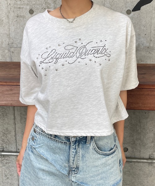 ROGER AND RAW(ロジャーアンドロウ)の「ラインストーンロゴ クロップドTシャツ(Tシャツ/カットソー・レディース・ホワイト/チャコールグレー/霜降りグレー・FREE)」の9枚目の写真