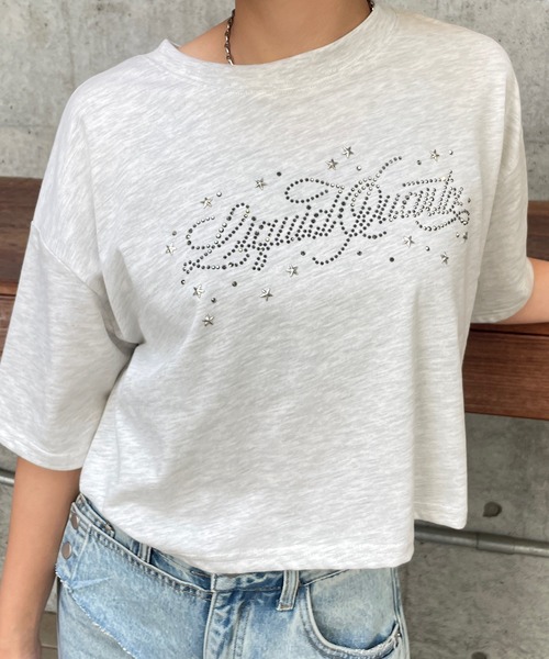 ROGER AND RAW(ロジャーアンドロウ)の「ラインストーンロゴ クロップドTシャツ(Tシャツ/カットソー・レディース・ホワイト/チャコールグレー/霜降りグレー・FREE)」の7枚目の写真