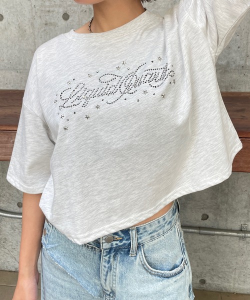 ROGER AND RAW(ロジャーアンドロウ)の「ラインストーンロゴ クロップドTシャツ(Tシャツ/カットソー・レディース・ホワイト/チャコールグレー/霜降りグレー・FREE)」の6枚目の写真