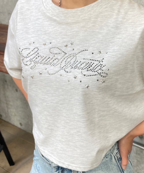 ROGER AND RAW(ロジャーアンドロウ)の「ラインストーンロゴ クロップドTシャツ(Tシャツ/カットソー・レディース・ホワイト/チャコールグレー/霜降りグレー・FREE)」の4枚目の写真