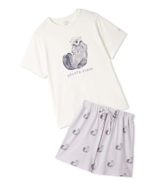 【新品正規品】ジェラピケ シーズー柄　トップス&短パンセット　水色 ONLINE限定】【接触冷感】シーアニマル柄ワンポイントTシャツ&ショート