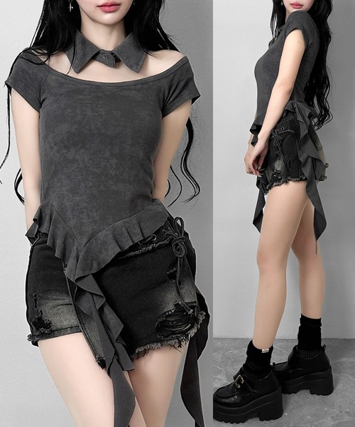 FOLLOWIN（フォロウィン）の「チョーカーカラーフリルアシメトップス（Tシャツ/カットソー・レディース・ブラック/ホワイト/グレー・FREE）」の3枚目の写真