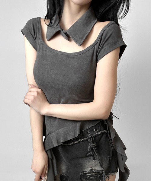 FOLLOWIN（フォロウィン）の「チョーカーカラーフリルアシメトップス（Tシャツ/カットソー・レディース・ブラック/ホワイト/グレー・FREE）」の16枚目の写真