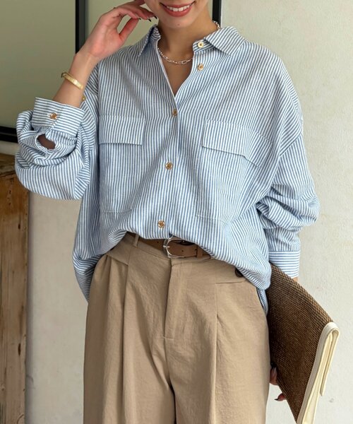 Chez toi（シェトワ）の「GLDボタンリネンシャツ（シャツ/ブラウス・レディース・アイボリー/サックスブルー/ピンク/ネイビー・FREE）」の8枚目の写真