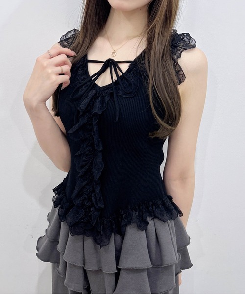 INGNI(イング)の「レースフリルノースリニット(ニット/セーター・レディース・ホワイト×ホワイト/ブラック×ブラック/ピンク系6・M)」の3枚目の写真
