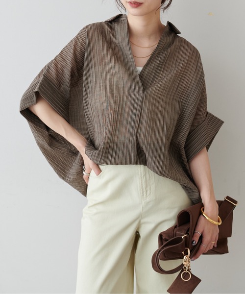 LARUTA(ラルータ)の「【LARUTA】シアー麻タッチスキッパーシャツ(シャツ/ブラウス・レディース・ネイビー/オフホワイト/サックスブルー/ライム/その他1・FREE)」の1枚目の写真
