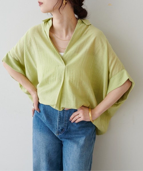 LARUTA(ラルータ)の「【LARUTA】シアー麻タッチスキッパーシャツ(シャツ/ブラウス・レディース・ネイビー/オフホワイト/サックスブルー/ライム/その他1・FREE)」の3枚目の写真