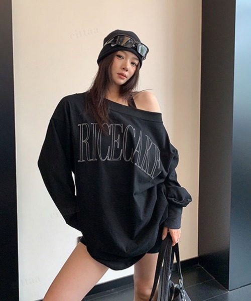 Dalfwin(ダールフィン)の「RICECAKE刺繍ロゴワンショルダー長袖Tシャツ(Tシャツ/カットソー・レディース・ブラック/グレー・FREE)」の4枚目の写真