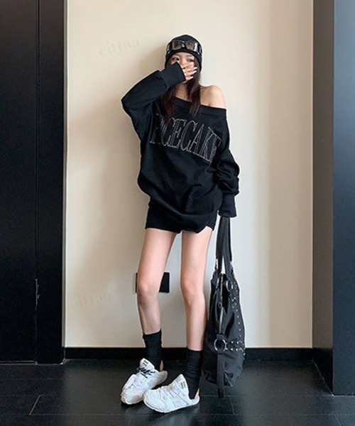 Dalfwin(ダールフィン)の「RICECAKE刺繍ロゴワンショルダー長袖Tシャツ(Tシャツ/カットソー・レディース・ブラック/グレー・FREE)」の7枚目の写真