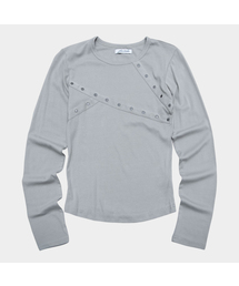 リベットディテール ラウンドネック セミクロップド コットン 長袖 Tシャツ_3COLOR