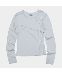 リベットディテール ラウンドネック セミクロップド コットン 長袖 Tシャツ_3COLOR