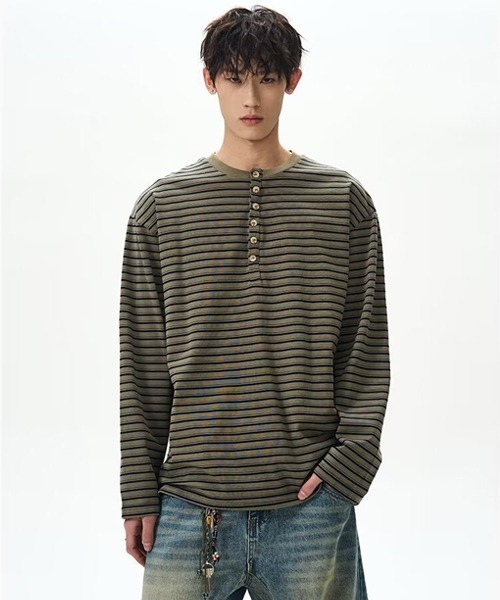 Ressaca(レサーカ)の「ボーダー柄ヘンリーネックロンT(Tシャツ/カットソー・メンズ・グリーン・M)」の1枚目の写真